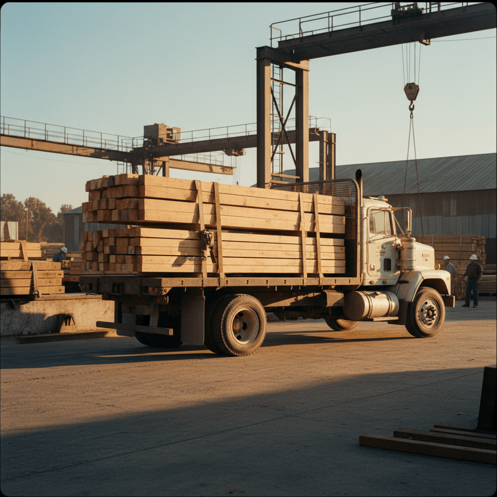 Full lumber truck loaded with bundled pine beams ready for nationwide delivery