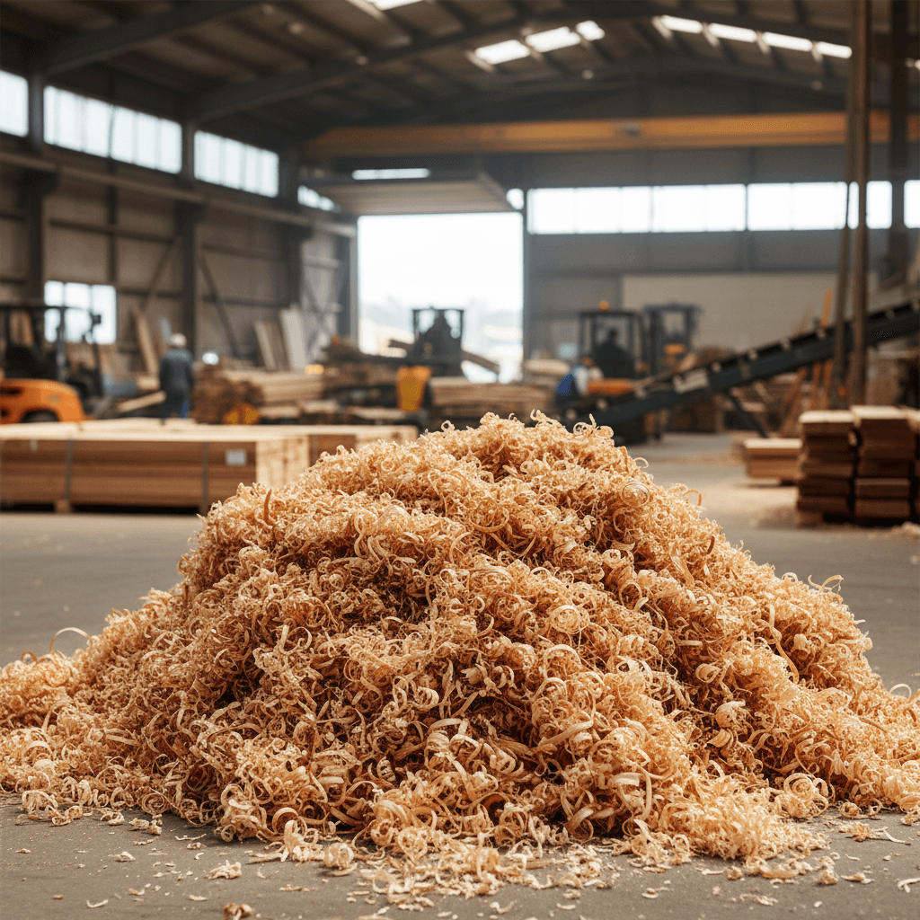 Finely textured pine wood shavings in a well-lit lumber yard setting