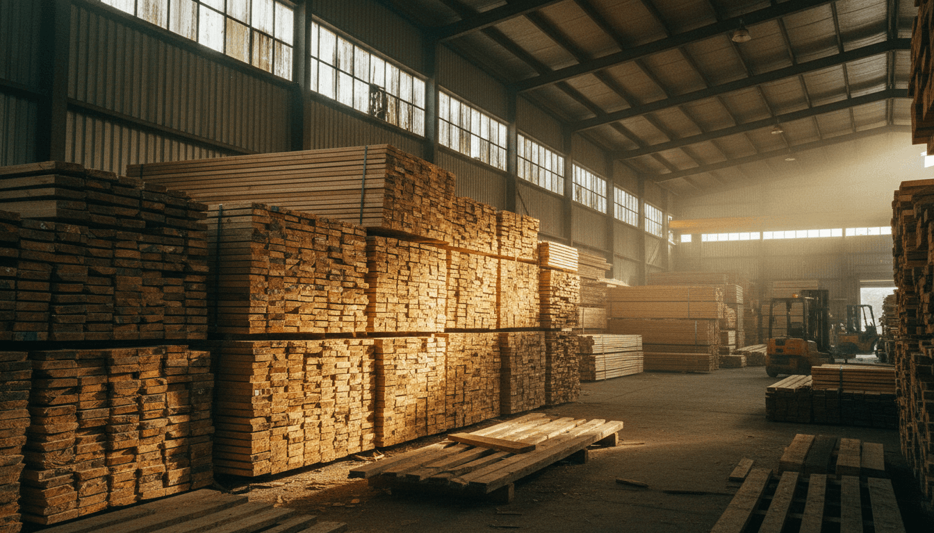Stacked treated pine beams in Maderera Valdivia warehouse