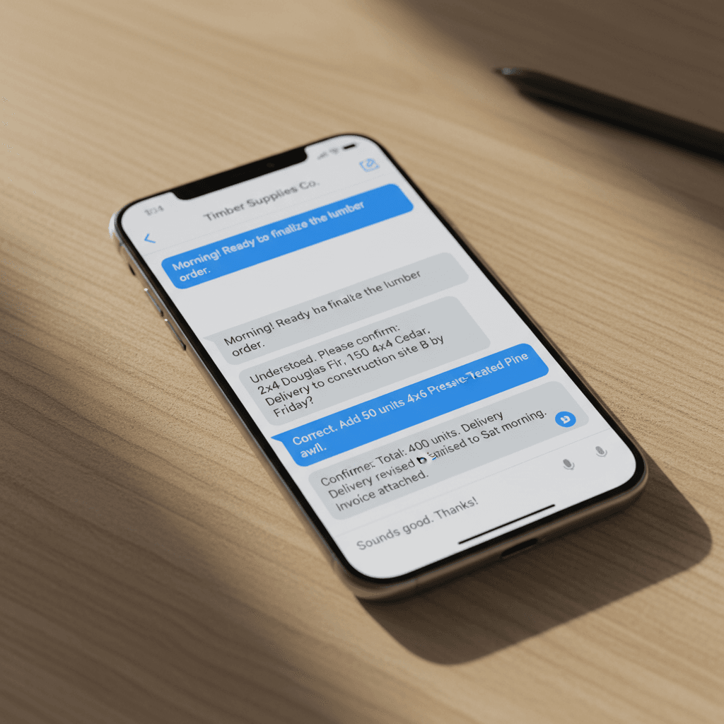 WhatsApp lumber order inquiry and quote process on smartphone