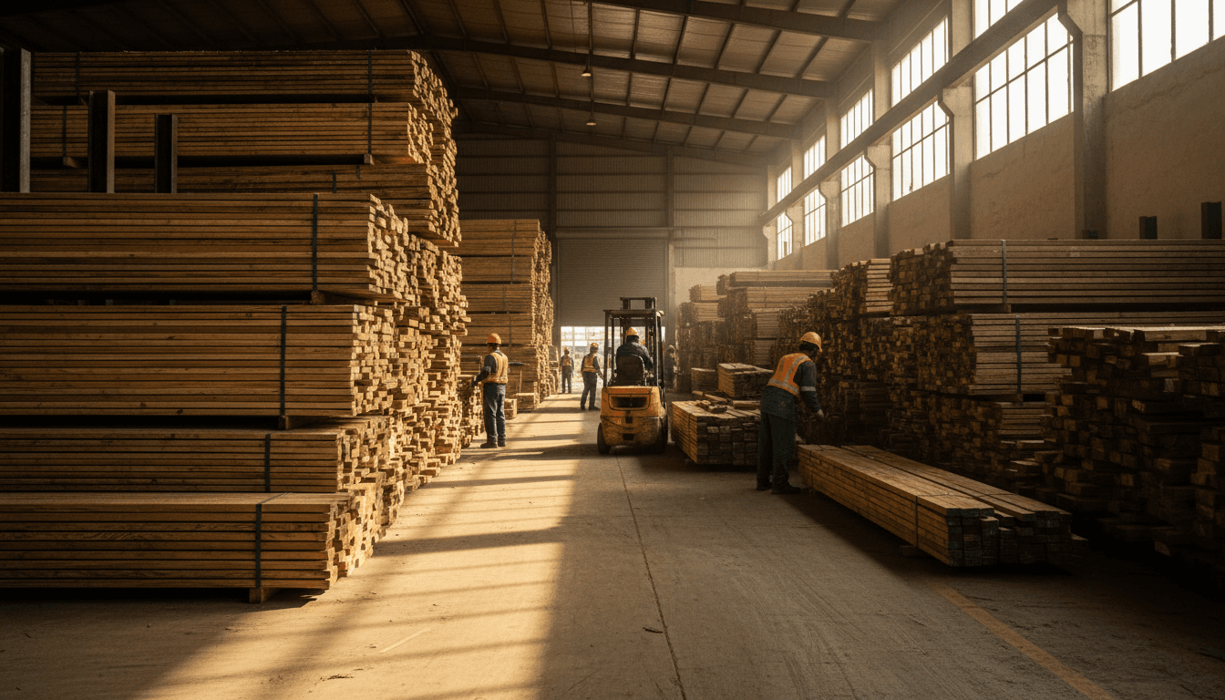 Stacked autoclave-treated pine lumber in warehouse
