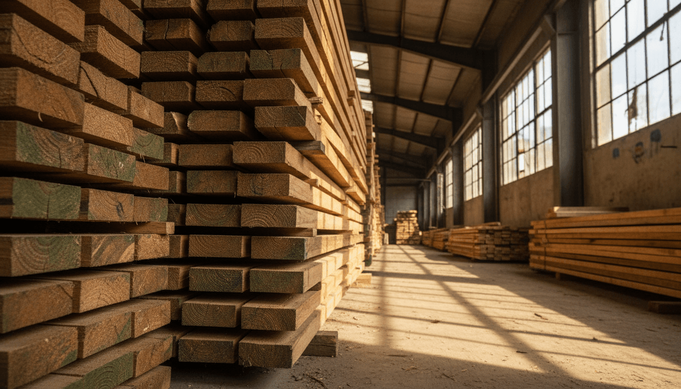 Stacked autoclave-treated pine wood beams in Maderera Valdivia warehouse