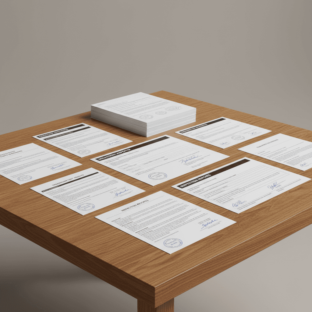 Certified treatment documentation and durability test records on workbench