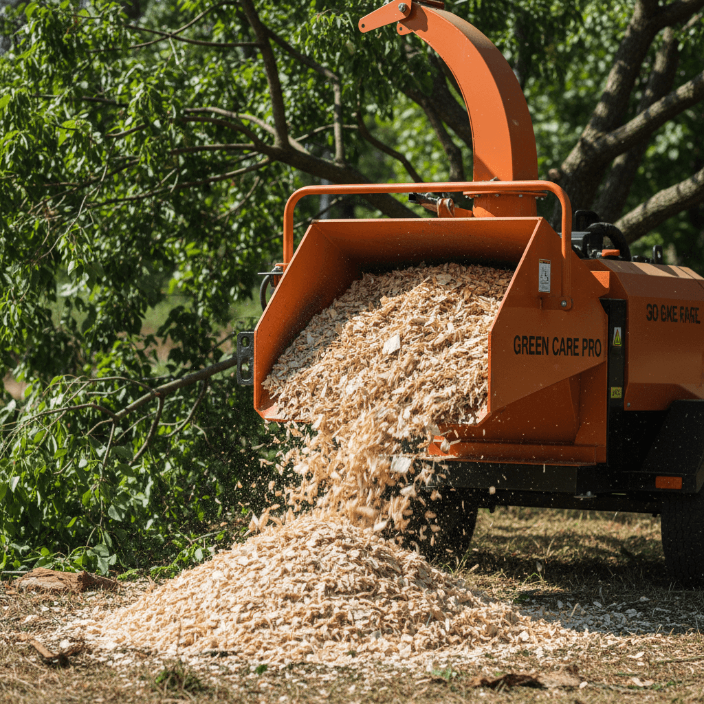 An orange wood chipper discharging a large stream of wood chips onto a pile outdoors.